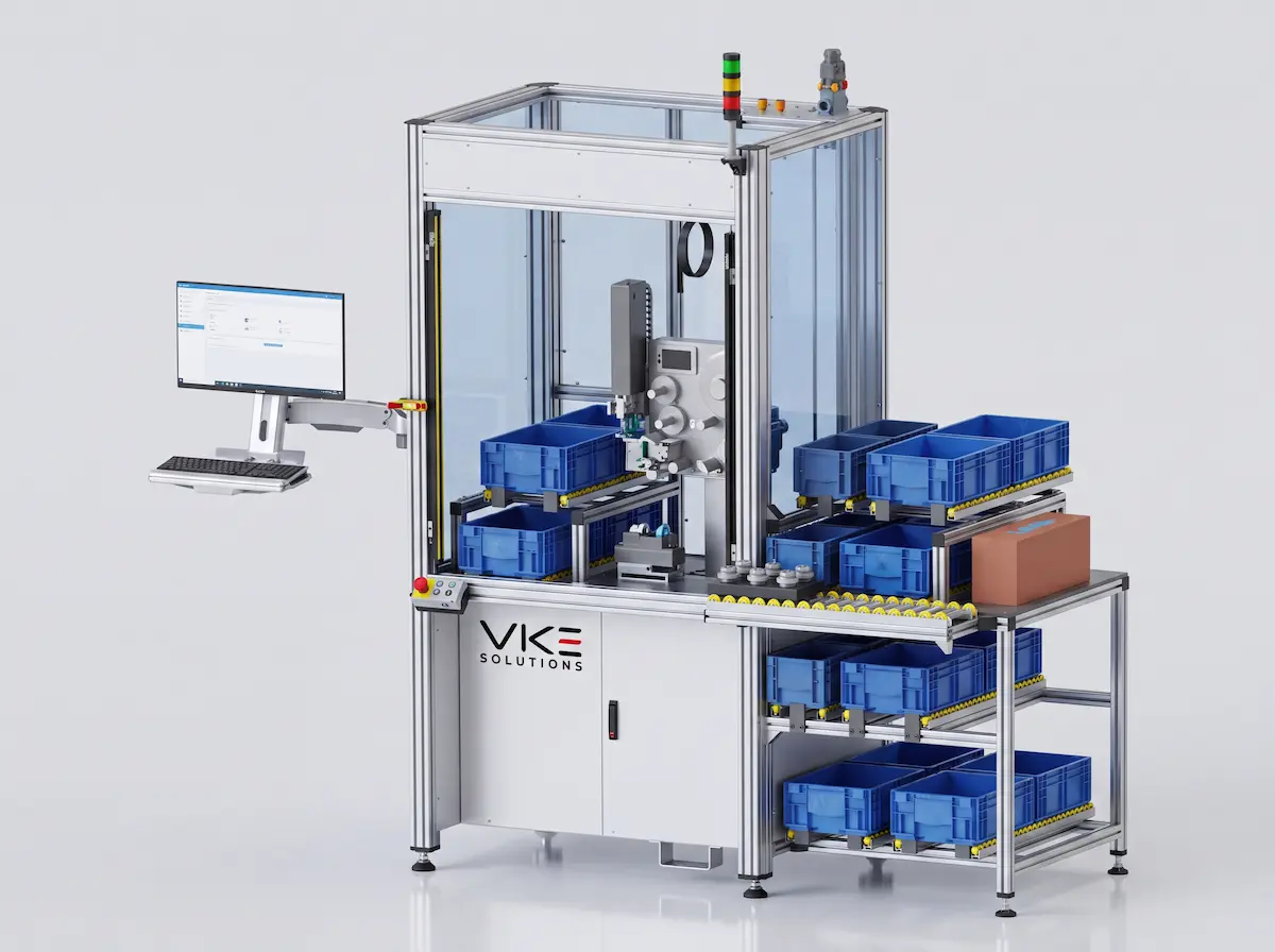Kennzeichnungs- und Traceability-Station mit Portalachse, Druck-/Etikettierkopf und KLT-Zuführung