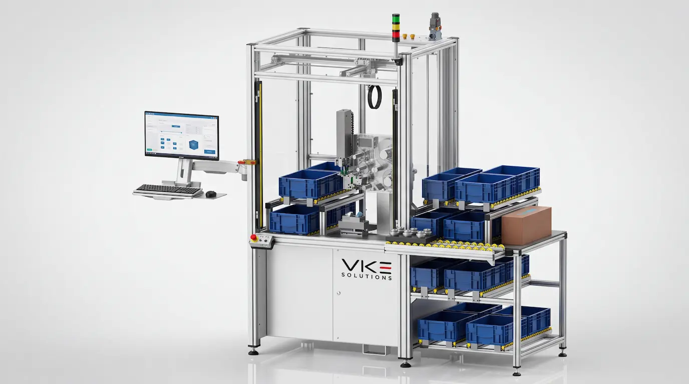 Kennzeichnungs- und Traceability-Station mit Portalachse und KLT-Zuführung
