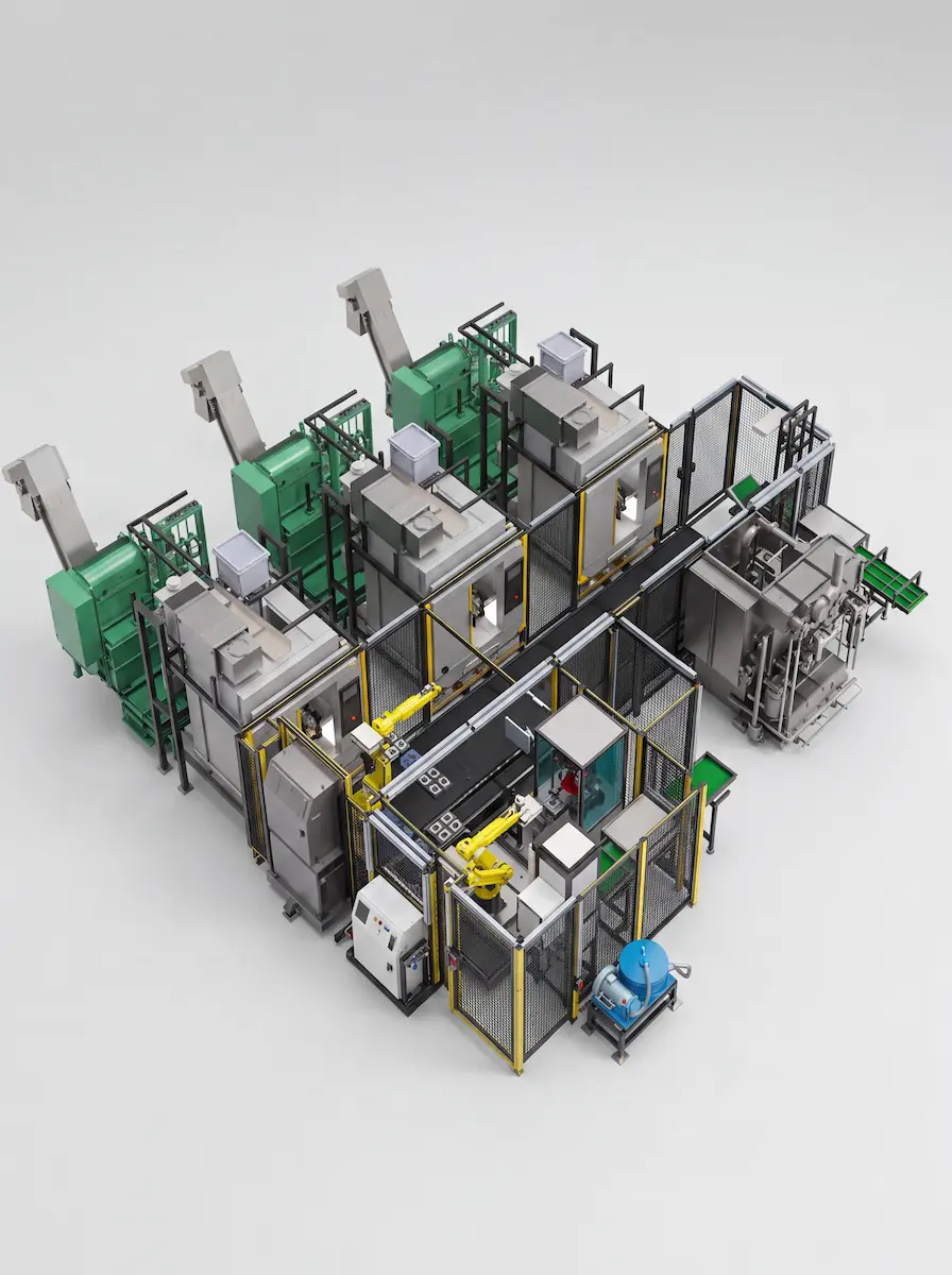 Automatisierte CNC-Fertigungslinie mit verketteten Bearbeitungsmaschinen und Handling-Robotern