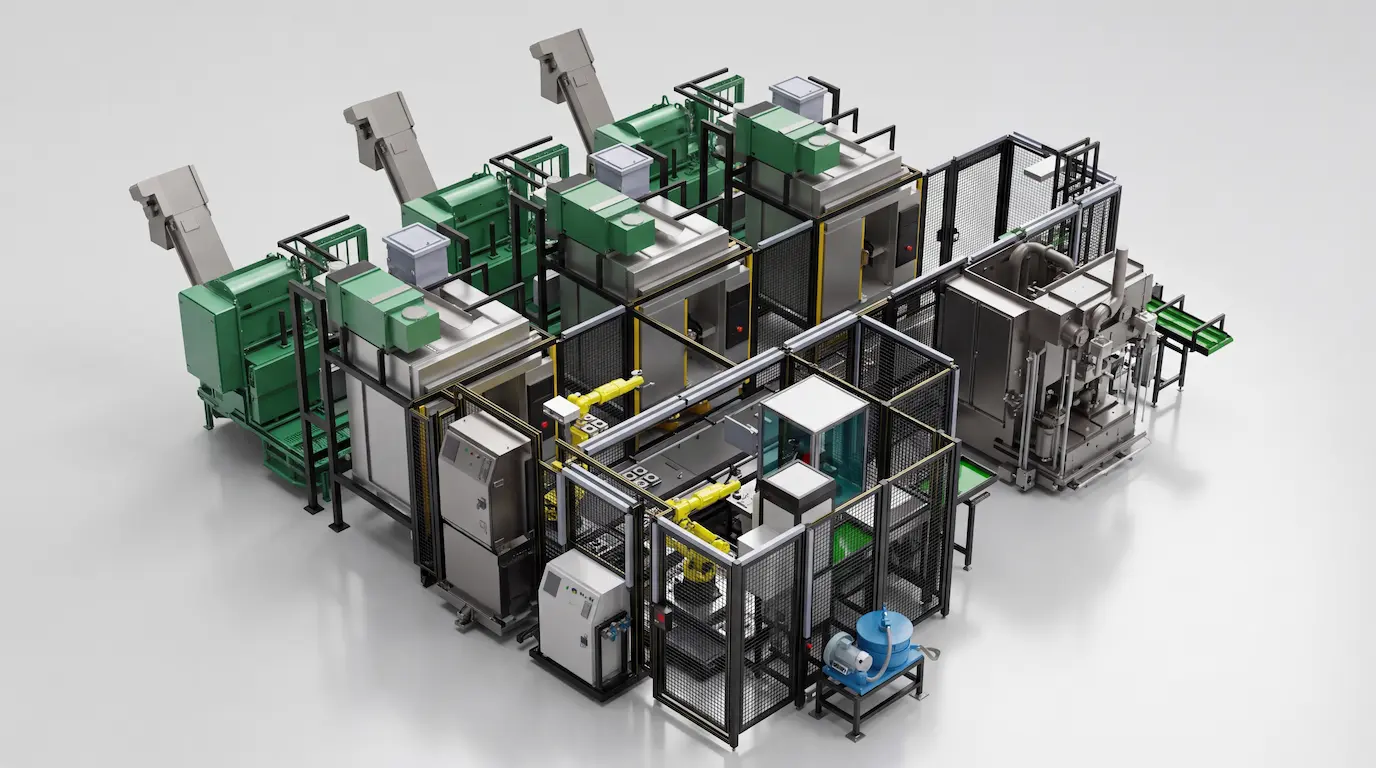 Verkettete CNC-Automationslinie mit mehreren Bearbeitungsmaschinen und Handling-Robotern