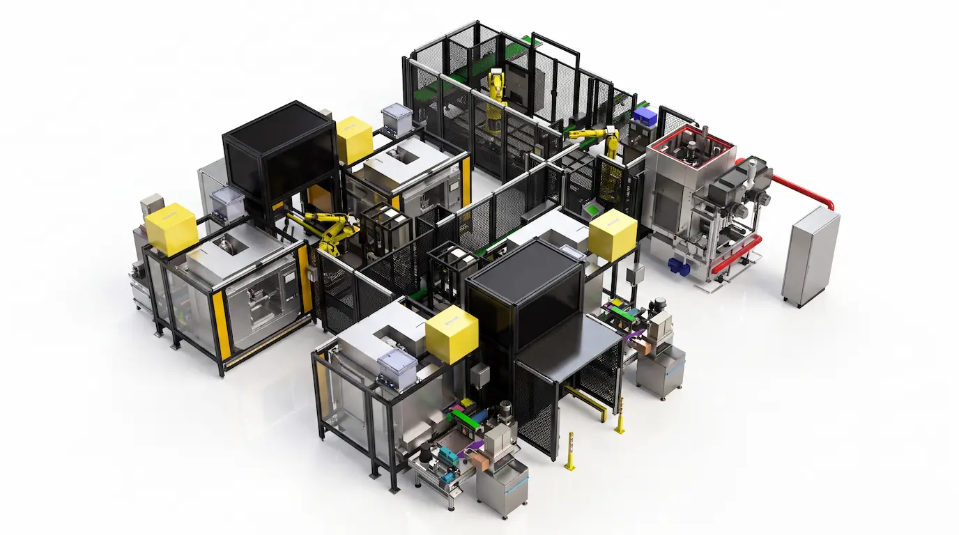 Automatisierte CNC-Fertigungszelle mit verketteten Maschinen und Roboterhandling
