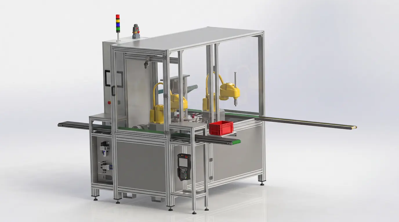 End-of-Line-Prüfzelle mit zwei Handling-Robotern und Bandzuführung