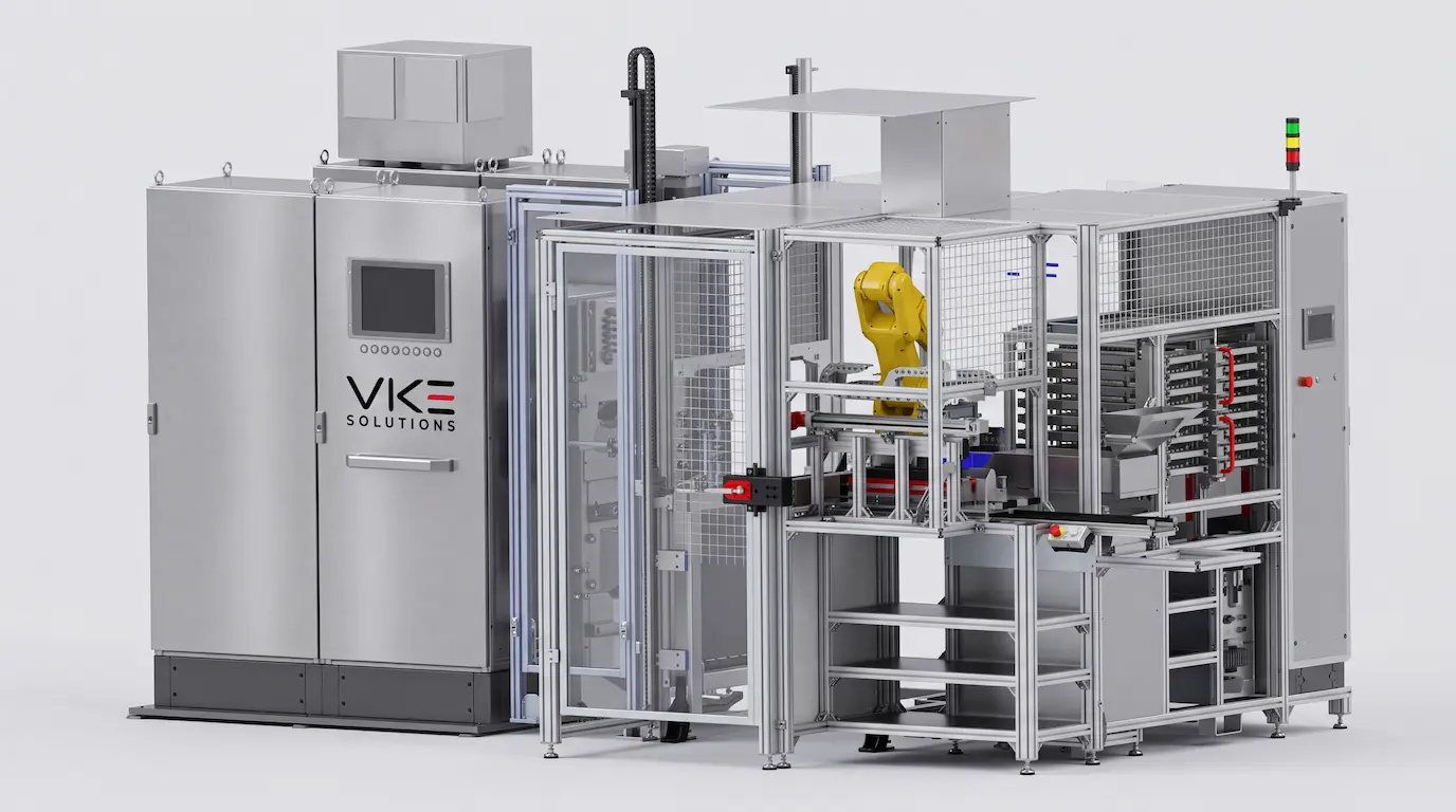 Eingehauste Roboterzelle mit Schaltschrank und Fanuc-Roboter zum Tray-Handling