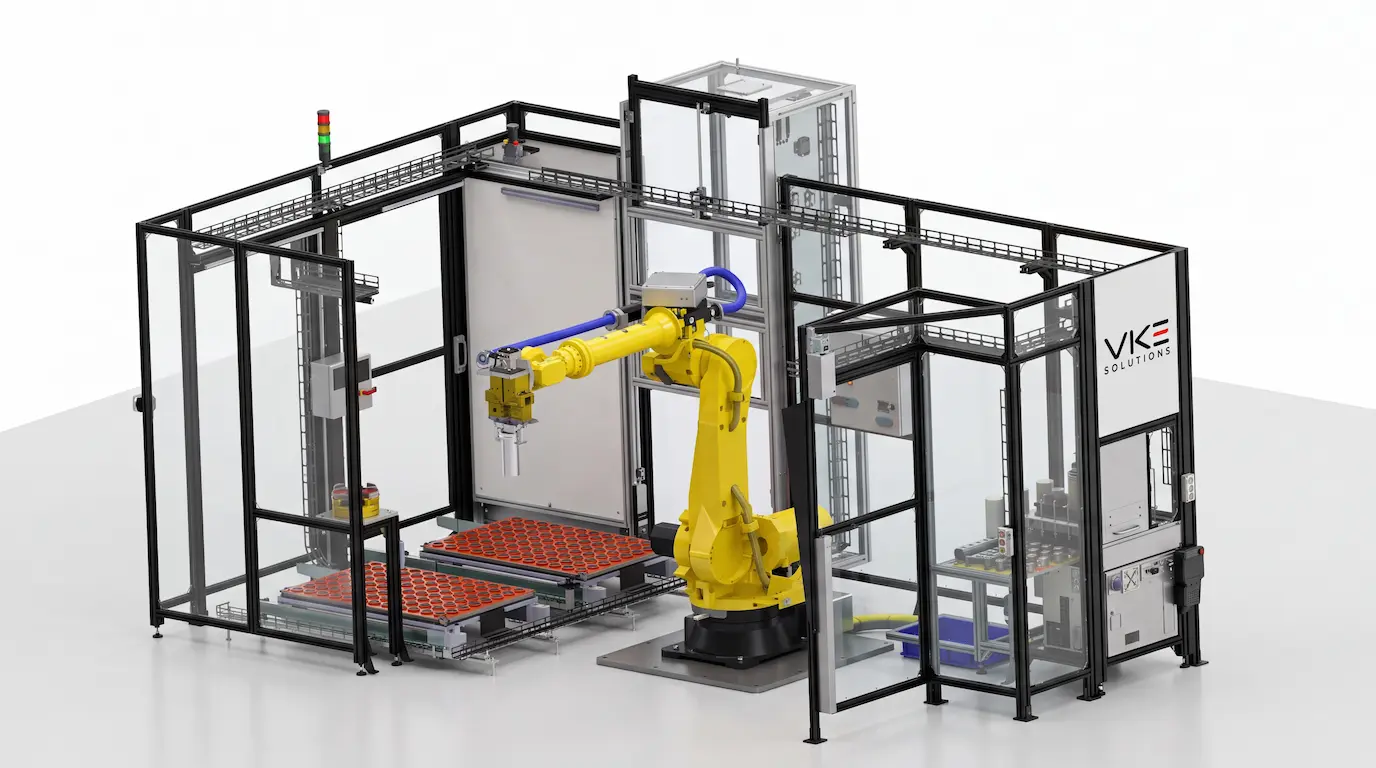 Roboterzelle mit Fanuc-Roboter und Werkstück-Trays