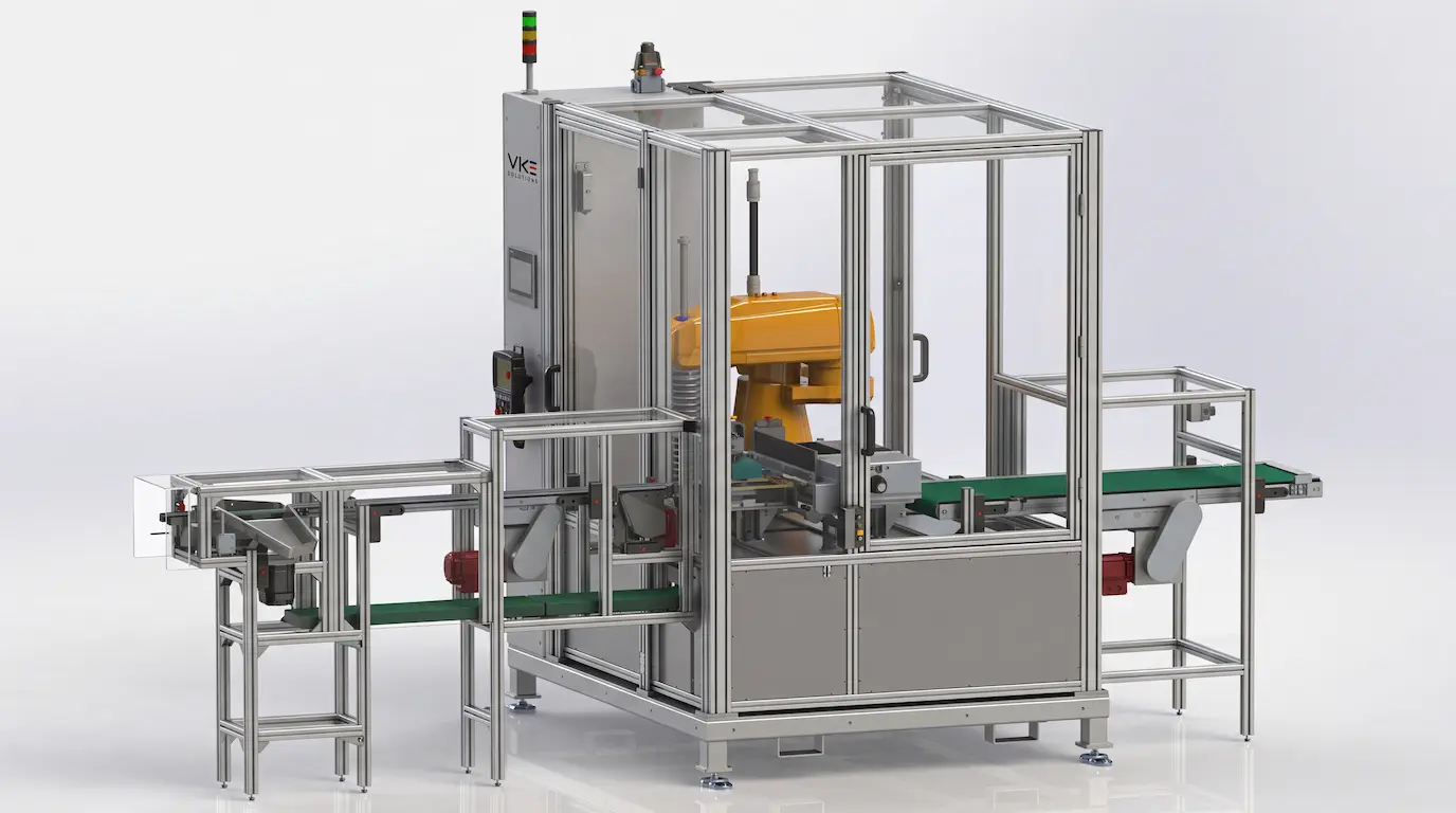 Eingehauste Sondermaschine mit integriertem Roboter und verketteten Zuführbändern