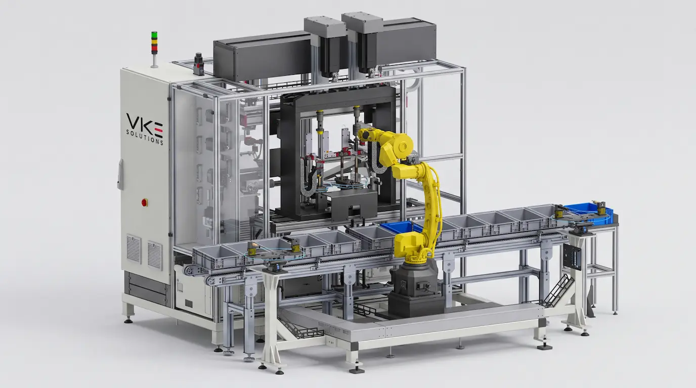 Verkettete Sondermaschine mit Portalmodulen, Fanuc-Roboter und KLT-Förderstrecke